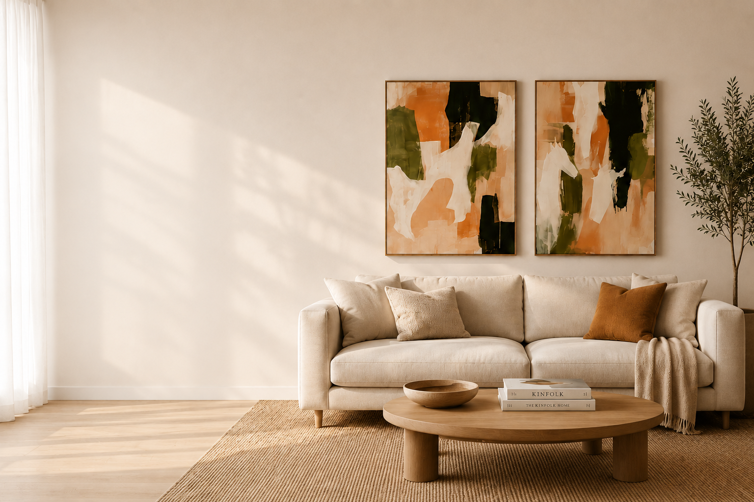 Stue med to abstrakte akustikbilleder over en beige sofa